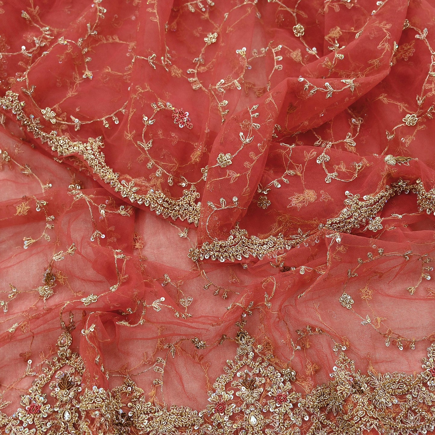 Indian Vintage Heavy Pink Dupatta Net Mesh Long Stole Hand Embroidered Scarves Golden Zardozi Dabka Zari Sequins