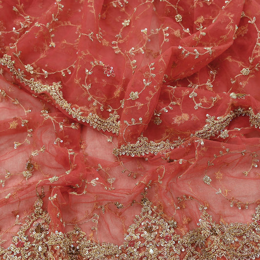 Indian Vintage Heavy Pink Dupatta Net Mesh Long Stole Hand Embroidered Scarves Golden Zardozi Dabka Zari Sequins