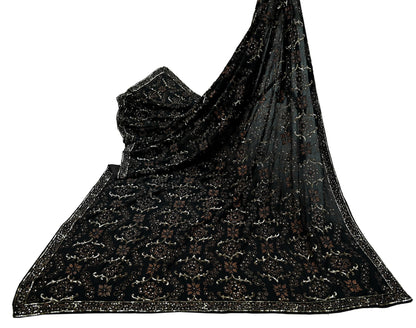Indian Women Vintage Heavy Black Dupatta Pure silk Long Stole Hand Embroidered Hijab Scarves Veil Wrap Zari