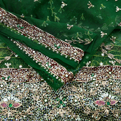 Indian Vintage Heavy Bridal Dupatta Green Net Mesh Long Stole Hand Embroidered Scarf Zardozi Zari Sequins Wedding/Party wear hijab veil