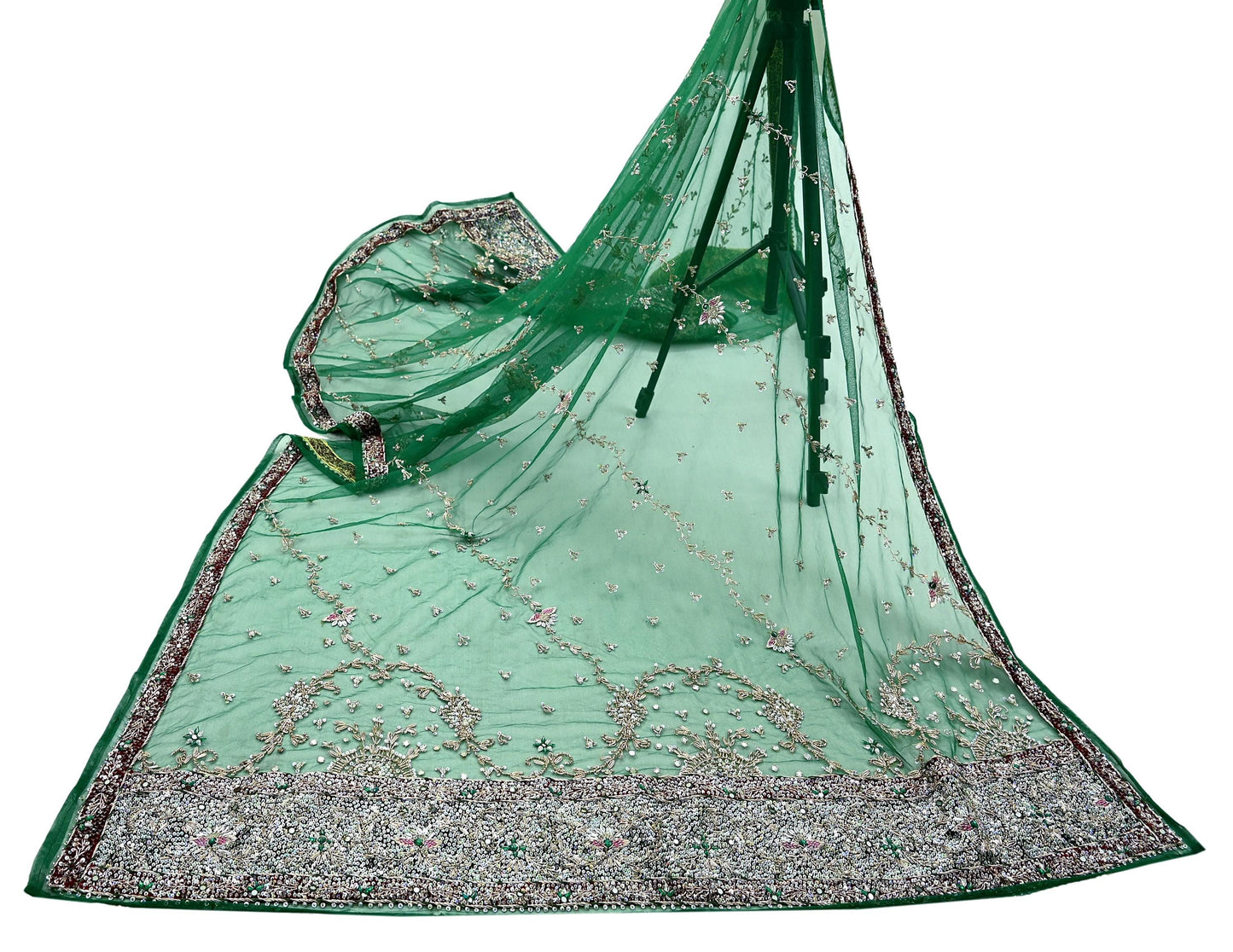 Indian Vintage Heavy Bridal Dupatta Green Net Mesh Long Stole Hand Embroidered Scarf Zardozi Zari Sequins Wedding/Party wear hijab veil