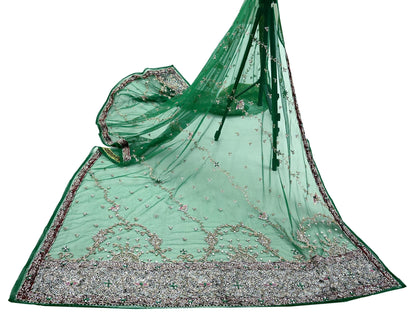 Indian Vintage Heavy Bridal Dupatta Green Net Mesh Long Stole Hand Embroidered Scarf Zardozi Zari Sequins Wedding/Party wear hijab veil