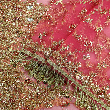 Indian Vintage Heavy Pink Dupatta Net Mesh Long Stole Hand Embroidered Scarves Golden Zardozi Dabka Zari Sequins Wedding Dupatta Party Wear