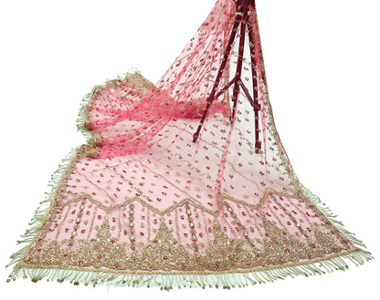 Indian Vintage Heavy Pink Dupatta Net Mesh Long Stole Hand Embroidered Scarves Golden Zardozi Dabka Zari Sequins Wedding Dupatta Party Wear