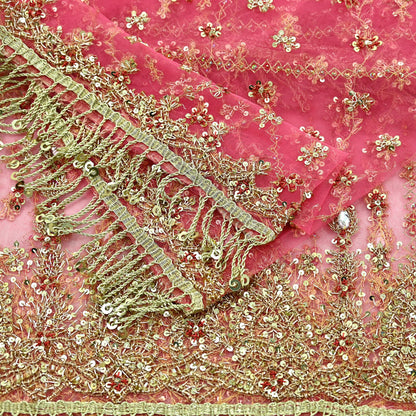 Indian Vintage Heavy Pink Dupatta Net Mesh Long Stole Hand Embroidered Scarves Golden Zardozi Dabka Zari Sequins Wedding Dupatta Party Wear