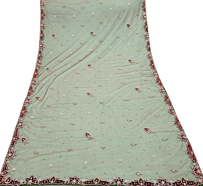 Indian Vintage Heavy Bridal Dupatta Green Net Mesh Long Stole Hand Embroidered Scarf Zardozi Zari Sequins Wedding/Party wear hijab veil
