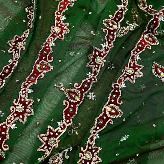 Indian Vintage Heavy Bridal Dupatta Green Net Mesh Long Stole Hand Embroidered Scarf Zardozi Zari Sequins Wedding/Party wear hijab veil