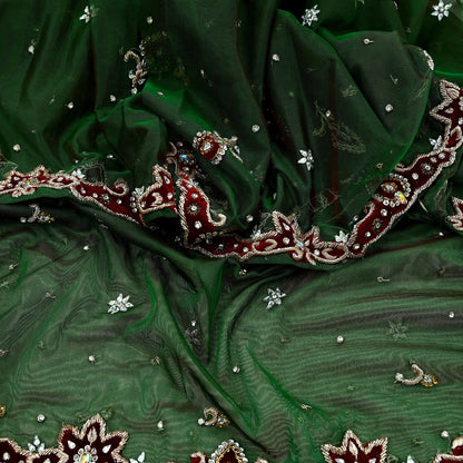 Indian Vintage Heavy Bridal Dupatta Green Net Mesh Long Stole Hand Embroidered Scarf Zardozi Zari Sequins Wedding/Party wear hijab veil