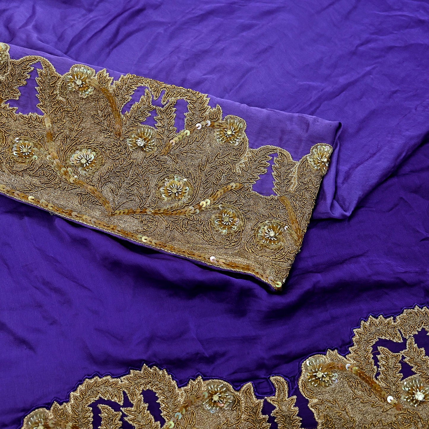 Indian Vintage Heavy Wedding Purple Dupatta Pure Satin Silk Long Stole Hand Embroidered Scarves Golden Zardozi Veil