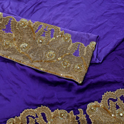 Indian Vintage Heavy Wedding Purple Dupatta Pure Satin Silk Long Stole Hand Embroidered Scarves Golden Zardozi Veil