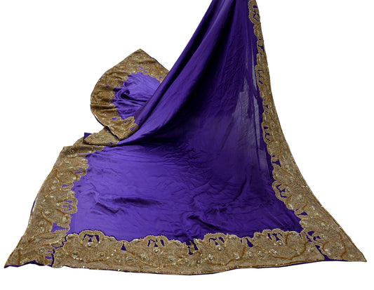 Indian Vintage Heavy Wedding Purple Dupatta Pure Satin Silk Long Stole Hand Embroidered Scarves Golden Zardozi Veil