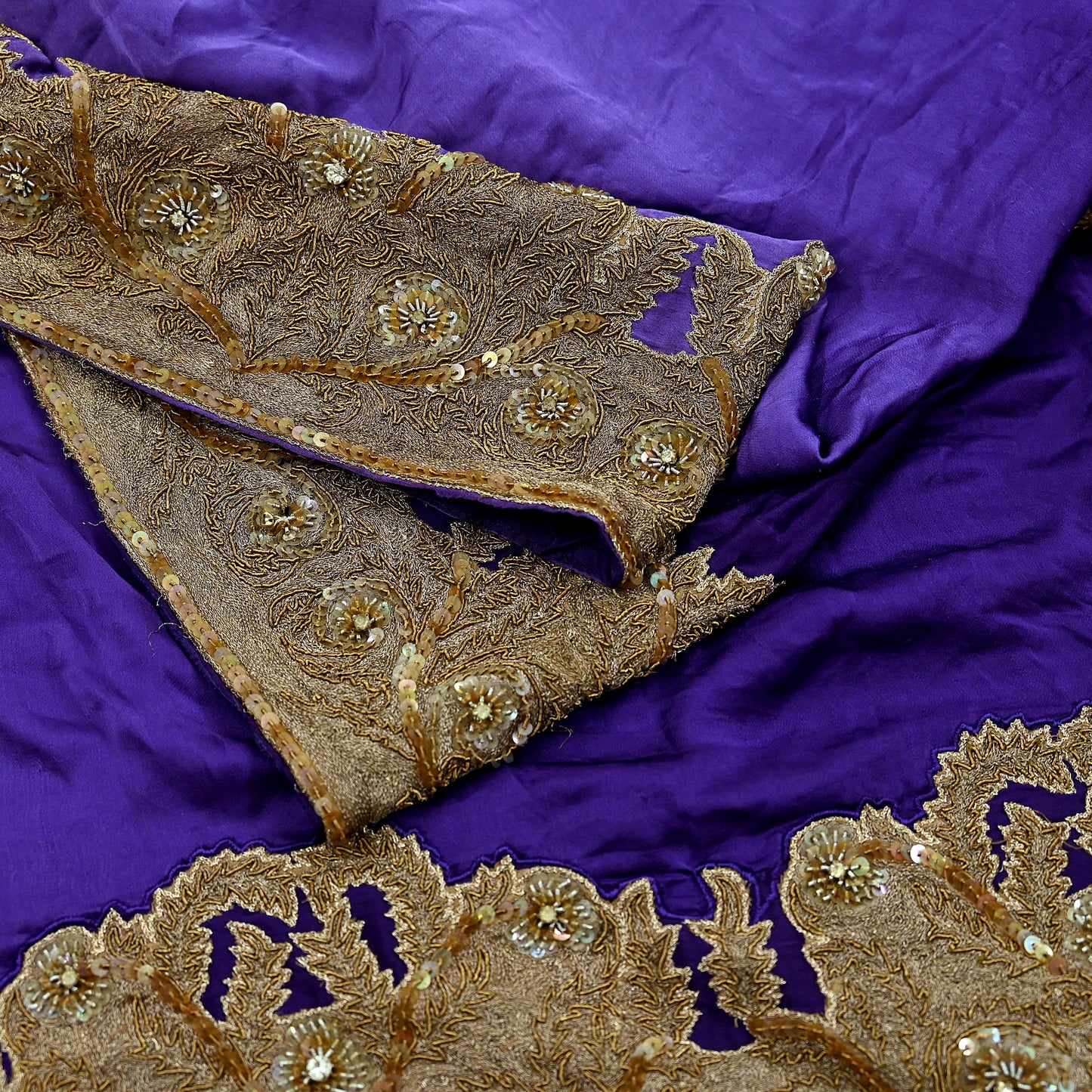Indian Vintage Heavy Wedding Purple Dupatta Pure Satin Silk Long Stole Hand Embroidered Scarves Golden Zardozi Veil