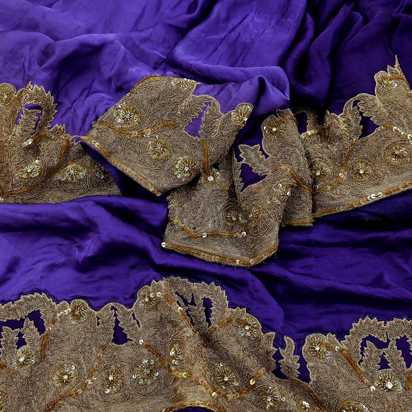 Indian Vintage Heavy Wedding Purple Dupatta Pure Satin Silk Long Stole Hand Embroidered Scarves Golden Zardozi Veil