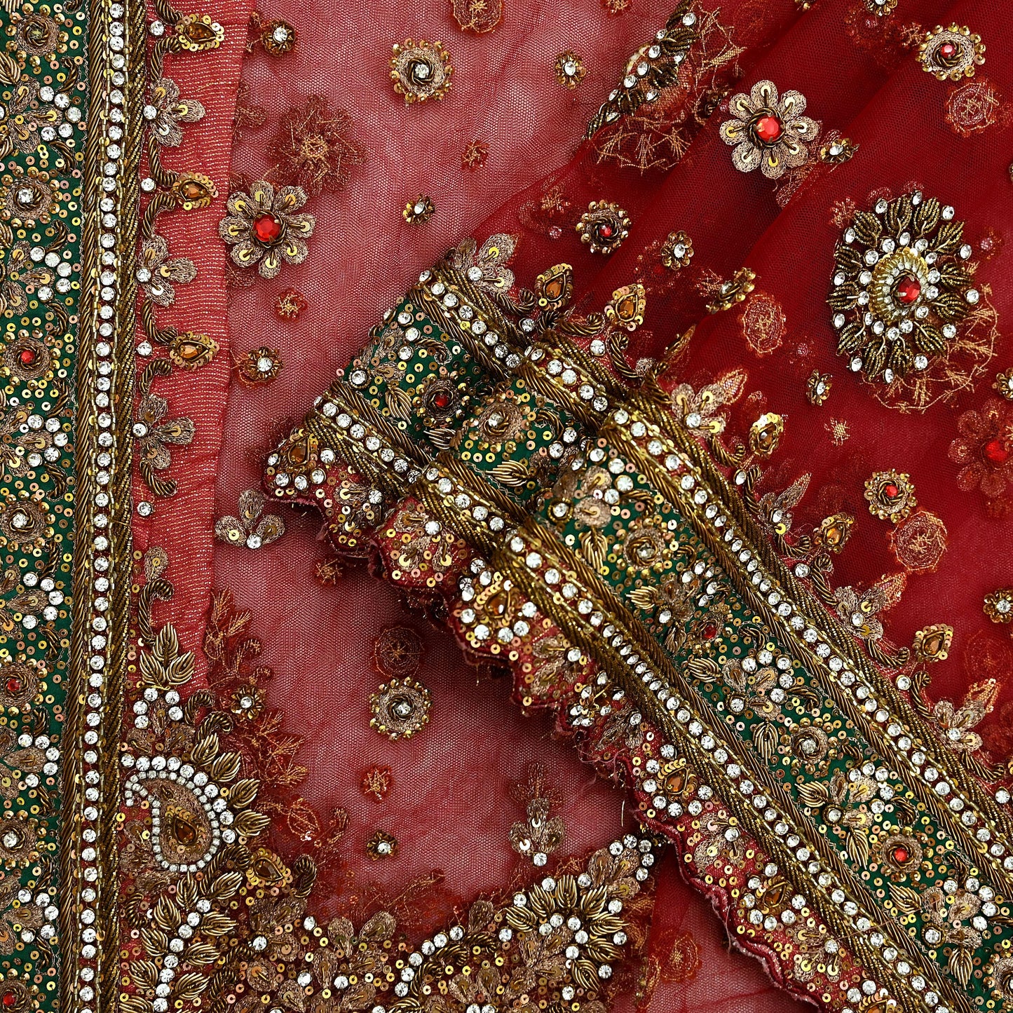 Indian Vintage Heavy Bridal Red Dupatta Net Mesh Long Stole Hand Embroidered Scarves Golden Zardozi Dabka Zari Sequins Wedding Veil Hijab