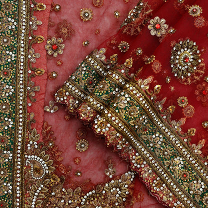 Indian Vintage Heavy Bridal Red Dupatta Net Mesh Long Stole Hand Embroidered Scarves Golden Zardozi Dabka Zari Sequins Wedding Veil Hijab