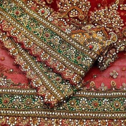 Indian Vintage Heavy Bridal Red Dupatta Net Mesh Long Stole Hand Embroidered Scarves Golden Zardozi Dabka Zari Sequins Wedding Veil Hijab