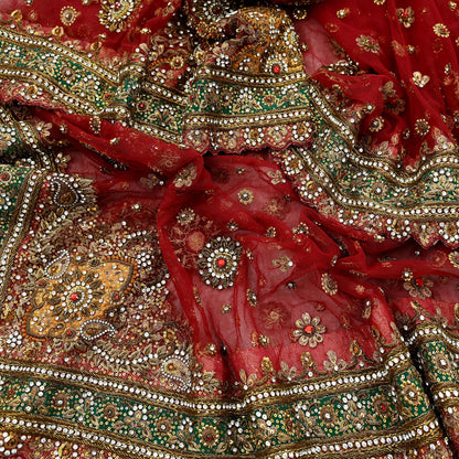 Indian Vintage Heavy Bridal Red Dupatta Net Mesh Long Stole Hand Embroidered Scarves Golden Zardozi Dabka Zari Sequins Wedding Veil Hijab