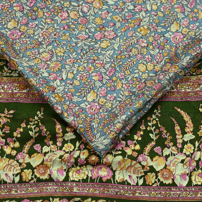 Indian Vintage Sari Green & Gray Pure Silk Printed Sarees Craft Fabric 5yd Sewing Dress Making Soft Floral Crafting Quilting Upcycle Used