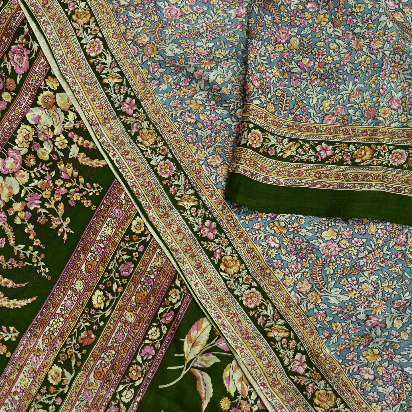 Indian Vintage Sari Green & Gray Pure Silk Printed Sarees Craft Fabric 5yd Sewing Dress Making Soft Floral Crafting Quilting Upcycle Used
