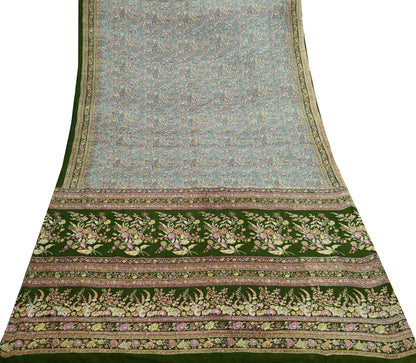 Indian Vintage Sari Green & Gray Pure Silk Printed Sarees Craft Fabric 5yd Sewing Dress Making Soft Floral Crafting Quilting Upcycle Used