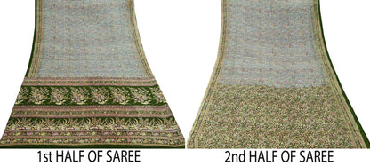 Indian Vintage Sari Green & Gray Pure Silk Printed Sarees Craft Fabric 5yd Sewing Dress Making Soft Floral Crafting Quilting Upcycle Used
