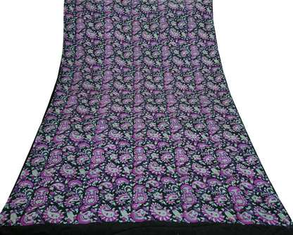 Indian Vintage Black Saree Pure Silk Block Printed Sari Craft Fabric 5yd Sewing DressMaking Soft Floral Quilting Crafting Upcycle