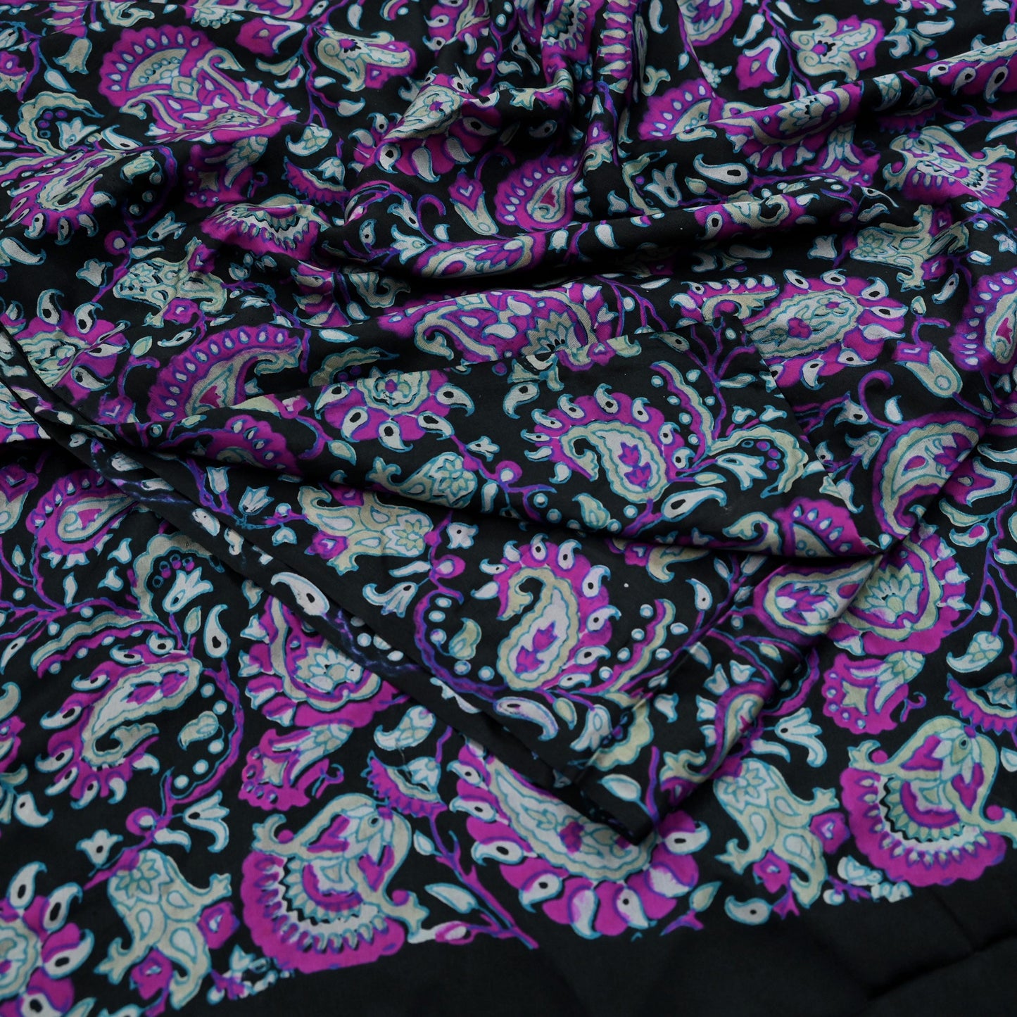 Indian Vintage Black Saree Pure Silk Block Printed Sari Craft Fabric 5yd Sewing DressMaking Soft Floral Quilting Crafting Upcycle