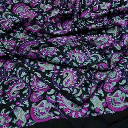 Indian Vintage Black Saree Pure Silk Block Printed Sari Craft Fabric 5yd Sewing DressMaking Soft Floral Quilting Crafting Upcycle