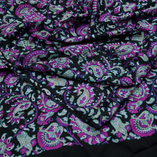 Indian Vintage Black Saree Pure Silk Block Printed Sari Craft Fabric 5yd Sewing DressMaking Soft Floral Quilting Crafting Upcycle