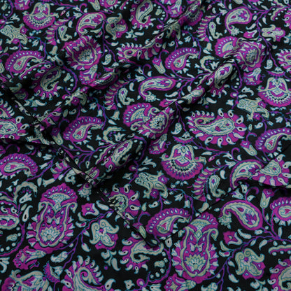 Indian Vintage Black Saree Pure Silk Block Printed Sari Craft Fabric 5yd Sewing DressMaking Soft Floral Quilting Crafting Upcycle