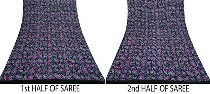 Indian Vintage Black Saree Pure Silk Block Printed Sari Craft Fabric 5yd Sewing DressMaking Soft Floral Quilting Crafting Upcycle