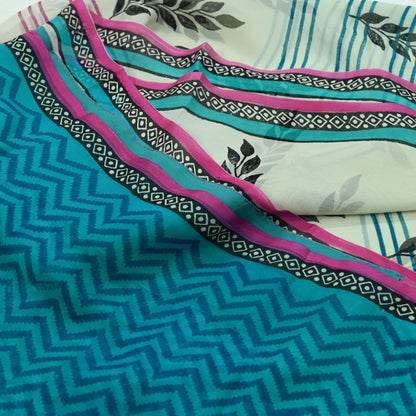 Women Vintage Blue & white Saree Pure Chiffon Silk Printed Sari Craft Fabric Sewing 6Yd Soft Light Dress Making Floral
