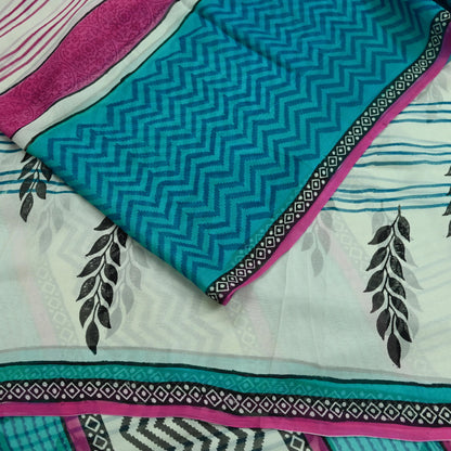 Women Vintage Blue & white Saree Pure Chiffon Silk Printed Sari Craft Fabric Sewing 6Yd Soft Light Dress Making Floral