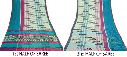 Women Vintage Blue & white Saree Pure Chiffon Silk Printed Sari Craft Fabric Sewing 6Yd Soft Light Dress Making Floral