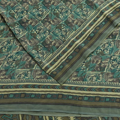 Indian Vintage Sari Brown & Beige Pure Crepe Silk Printed Sarees 5yd Sewing Craft Fabric  Floral Soft Wrap Dress making Upcycle Quilting