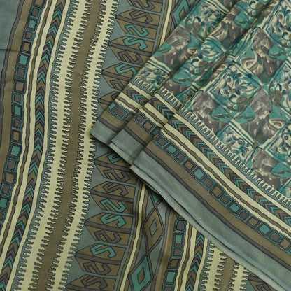 Indian Vintage Sari Brown & Beige Pure Crepe Silk Printed Sarees 5yd Sewing Craft Fabric  Floral Soft Wrap Dress making Upcycle Quilting