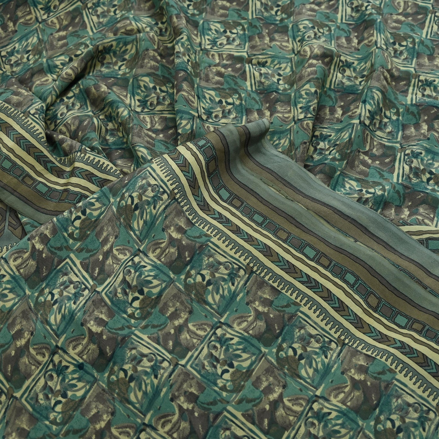 Indian Vintage Sari Brown & Beige Pure Crepe Silk Printed Sarees 5yd Sewing Craft Fabric  Floral Soft Wrap Dress making Upcycle Quilting