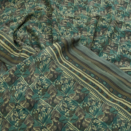 Indian Vintage Sari Brown & Beige Pure Crepe Silk Printed Sarees 5yd Sewing Craft Fabric  Floral Soft Wrap Dress making Upcycle Quilting