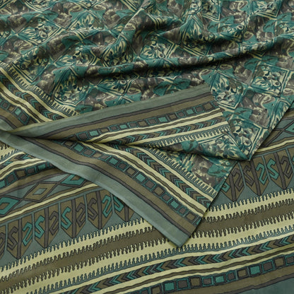 Indian Vintage Sari Brown & Beige Pure Crepe Silk Printed Sarees 5yd Sewing Craft Fabric  Floral Soft Wrap Dress making Upcycle Quilting