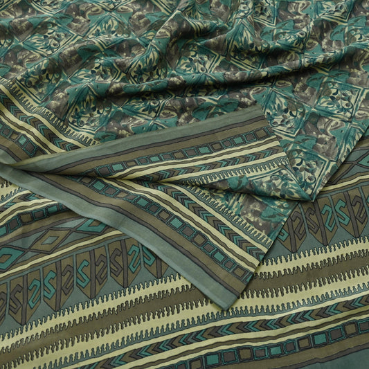 Indian Vintage Sari Brown & Beige Pure Crepe Silk Printed Sarees 5yd Sewing Craft Fabric  Floral Soft Wrap Dress making Upcycle Quilting