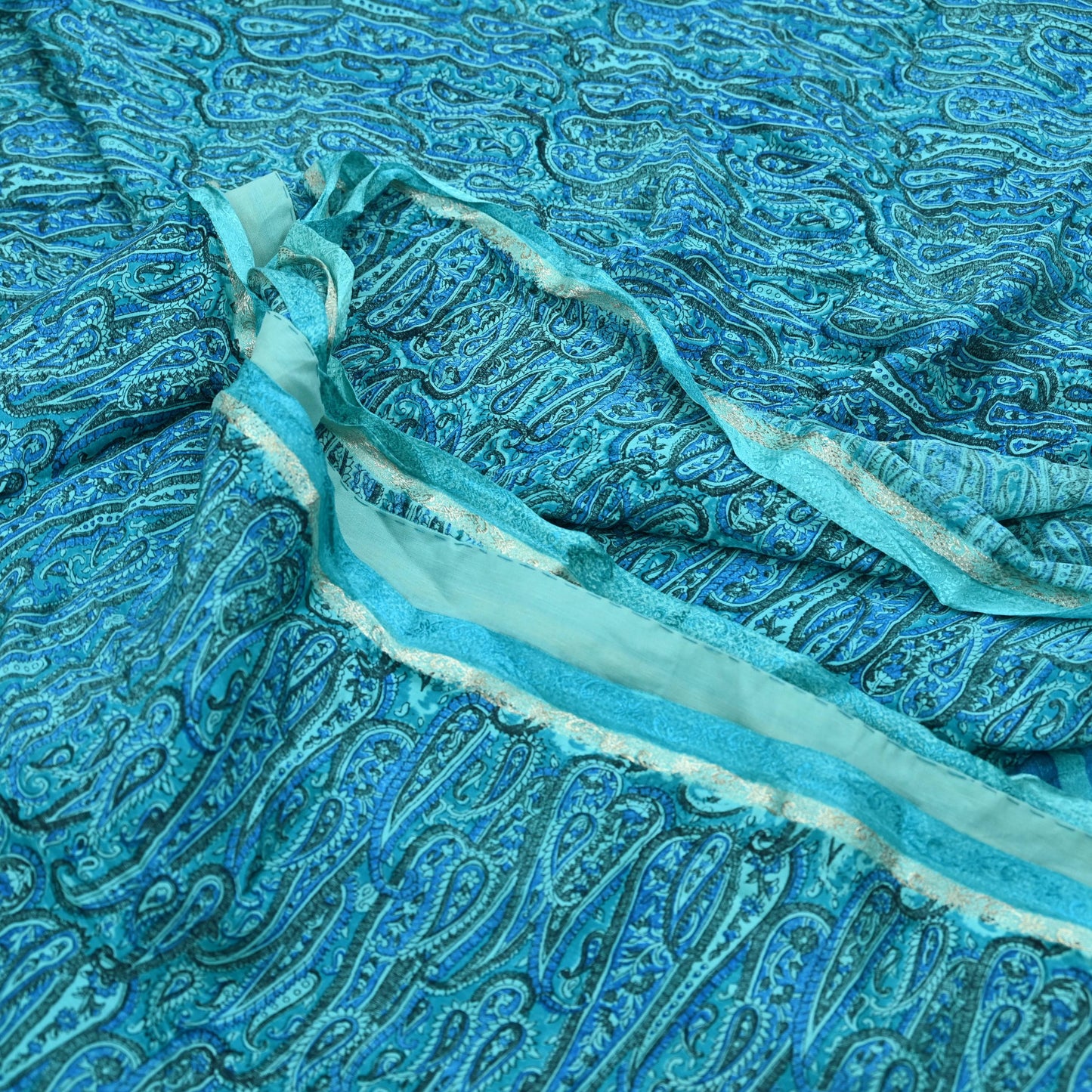 Indian Vintage Sari Blue & Green Pure Crepe Silk Printed Saree 6yd Sewing Floral Soft Craft Fabric Wrap Dress making Crafting Quilting