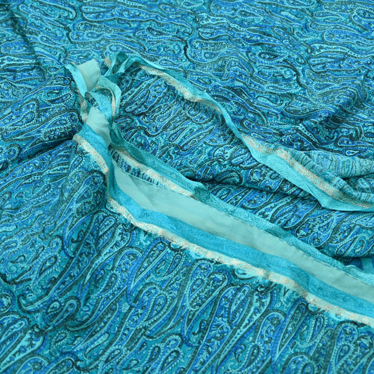 Indian Vintage Sari Blue & Green Pure Crepe Silk Printed Saree 6yd Sewing Floral Soft Craft Fabric Wrap Dress making Crafting Quilting