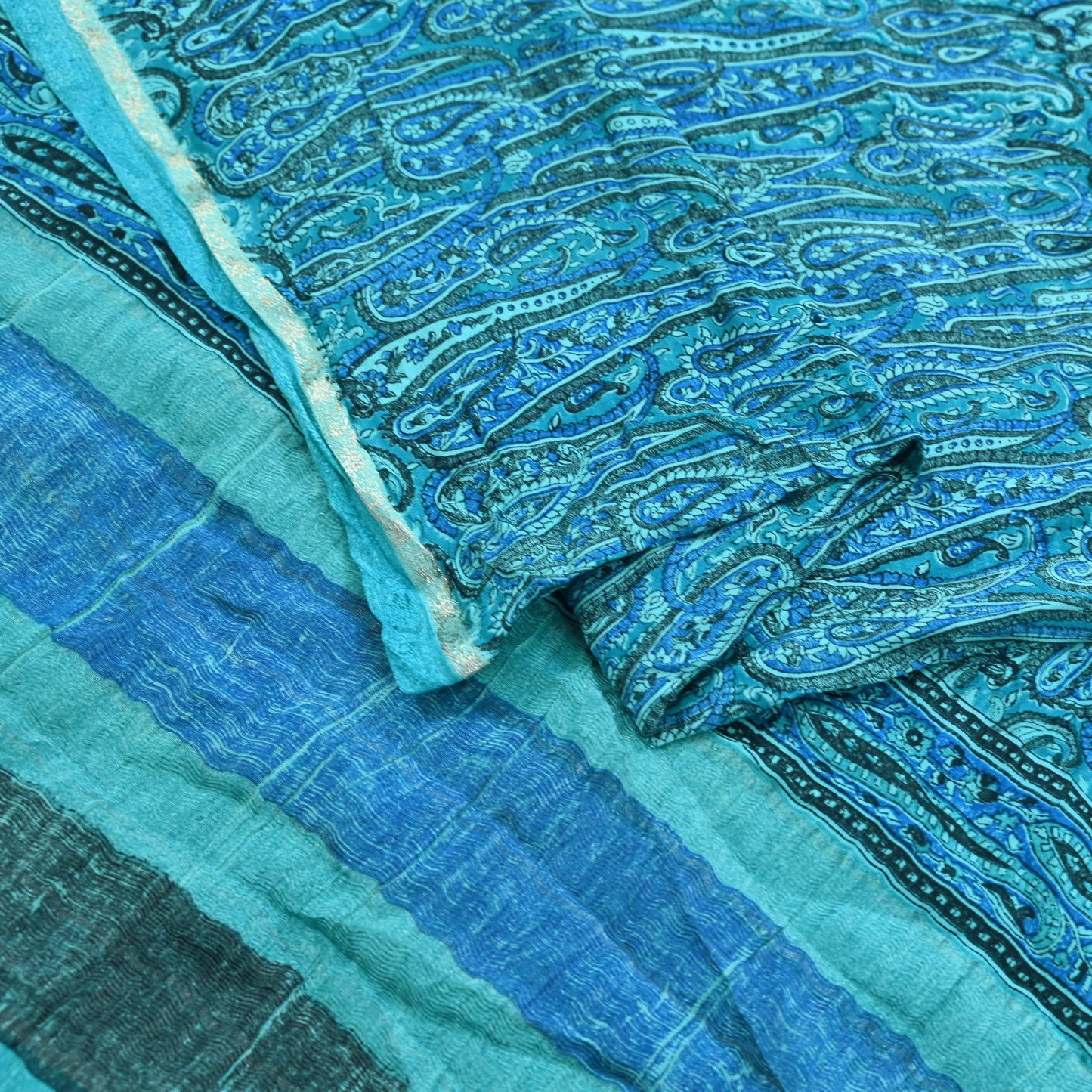 Indian Vintage Sari Blue & Green Pure Crepe Silk Printed Saree 6yd Sewing Floral Soft Craft Fabric Wrap Dress making Crafting Quilting