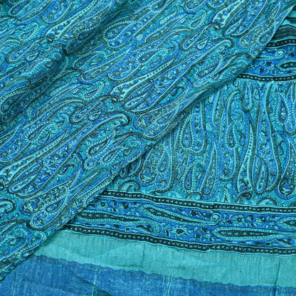 Indian Vintage Sari Blue & Green Pure Crepe Silk Printed Saree 6yd Sewing Floral Soft Craft Fabric Wrap Dress making Crafting Quilting