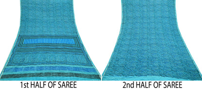Indian Vintage Sari Blue & Green Pure Crepe Silk Printed Saree 6yd Sewing Floral Soft Craft Fabric Wrap Dress making Crafting Quilting