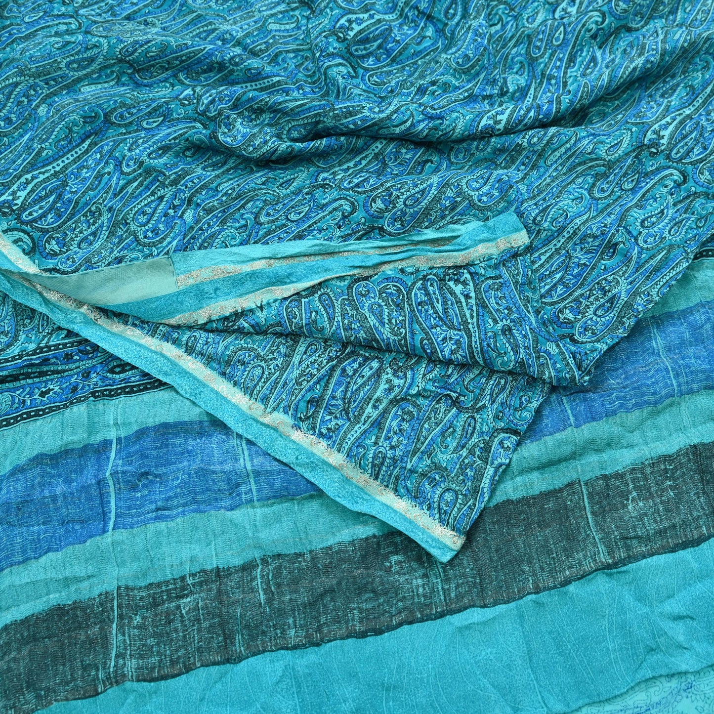Indian Vintage Sari Blue & Green Pure Crepe Silk Printed Saree 6yd Sewing Floral Soft Craft Fabric Wrap Dress making Crafting Quilting