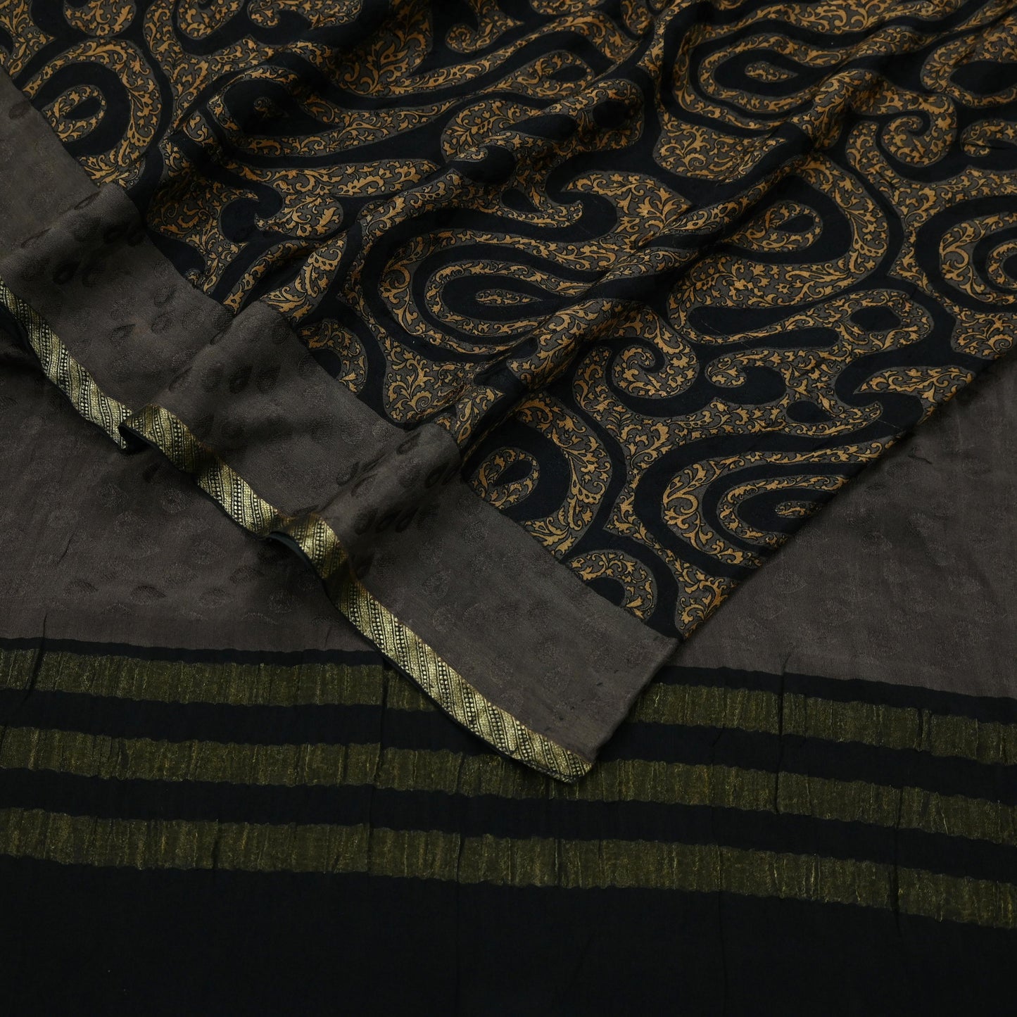 Indian Vintage Sari Brown & Black Pure Silk Printed Sarees 5yd Sewing Craft Fabric Dress Making Soft Crafting Quilting Upcycle Zari