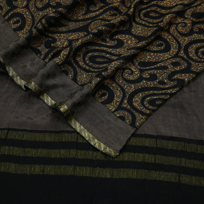 Indian Vintage Sari Brown & Black Pure Silk Printed Sarees 5yd Sewing Craft Fabric Dress Making Soft Crafting Quilting Upcycle Zari