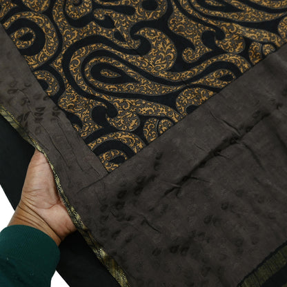 Indian Vintage Sari Brown & Black Pure Silk Printed Sarees 5yd Sewing Craft Fabric Dress Making Soft Crafting Quilting Upcycle Zari