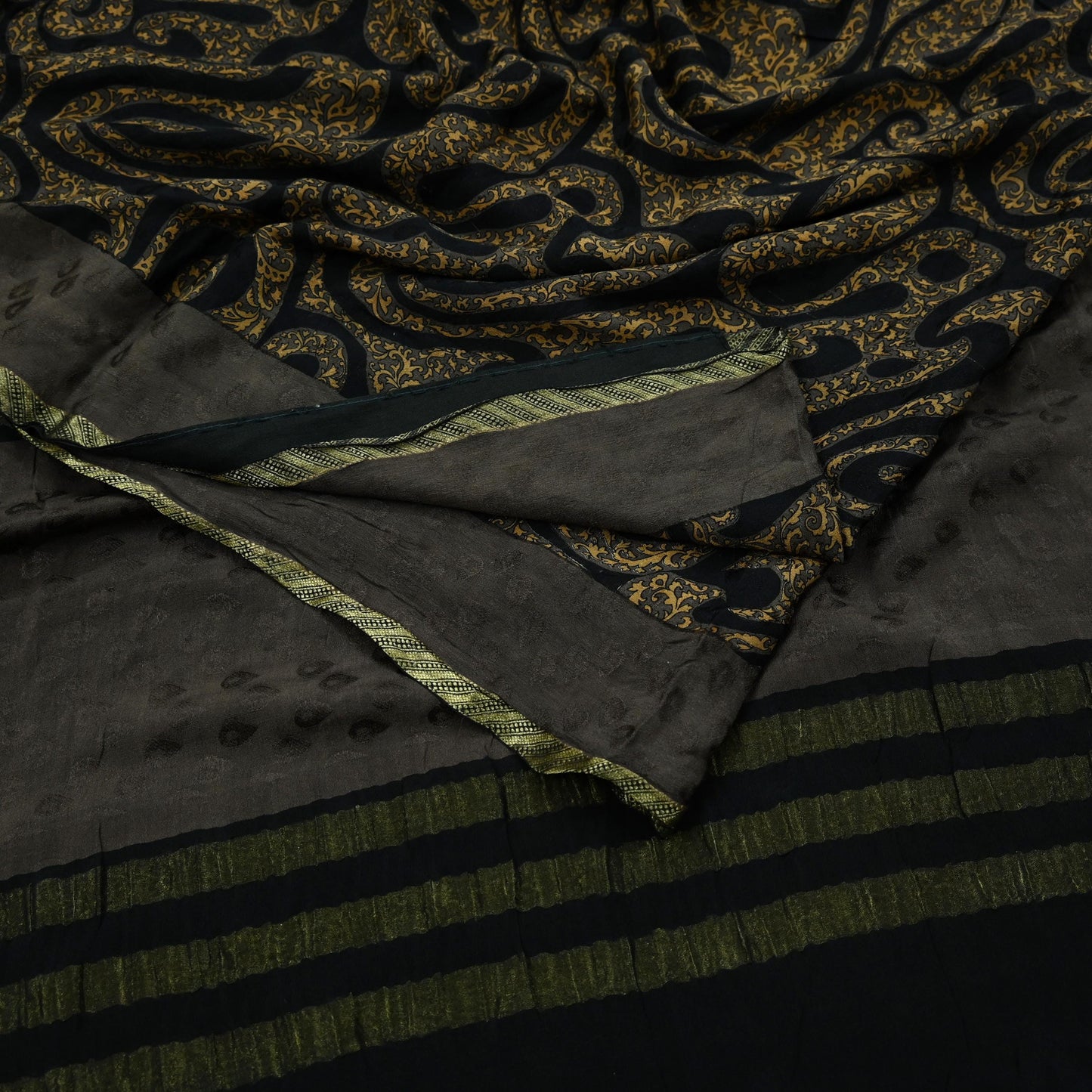 Indian Vintage Sari Brown & Black Pure Silk Printed Sarees 5yd Sewing Craft Fabric Dress Making Soft Crafting Quilting Upcycle Zari